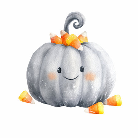 This delightful watercolor illustration depicts a cute smiling pumpkin adorned with candy corn, perfect for autumn festivities and decorations.の写真素材