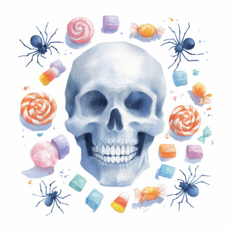 A whimsical watercolor illustration features a skull surrounded by colorful candy and playful spiders, creating a fun yet spooky atmosphere perfect for Halloween or candy-themed decor.の写真素材