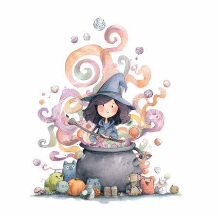 A beautiful watercolor illustration featuring a happy witch brewing potions in her cauldron, surrounded by cute creatures and colorful swirls, perfect for children&#39;s decor or magical storytelling.の写真素材