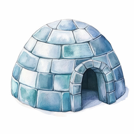 This hand-drawn illustration features a beautiful igloo in soft watercolors on a transparent...