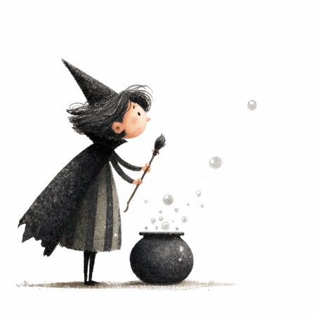 A cheerful young witch stirs her magical cauldron, surrounded by whimsical bubbles and an enchanting atmosphere, perfect for children&#39;s themes.の写真素材