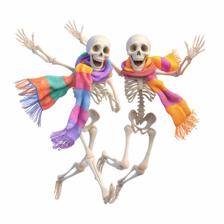 Two cheerful skeletons dance joyfully while wearing colorful scarves, embodying a playful spirit of celebration and fun in a whimsical design.の写真素材