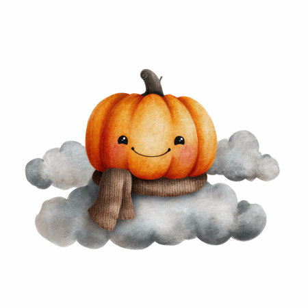 This charming watercolor illustration features a happy pumpkin with a smiling face, nestled on soft clouds, perfect for autumn-themed projects.の写真素材