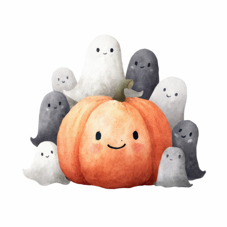This cute watercolor illustration features playful ghosts surrounding a smiling pumpkin, perfect for Halloween-themed designs. It captures a whimsical spirit.の写真素材