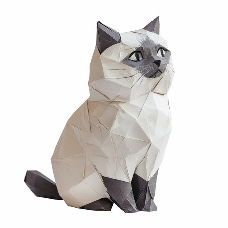 Paper origami cat isolated on white background, clipping path included.の写真素材