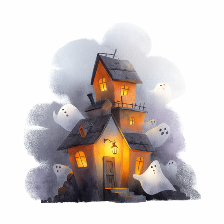 This charming watercolor illustration depicts a cozy haunted house illuminated by soft lights and surrounded by playful ghosts. Perfect for seasonal themes.の写真素材