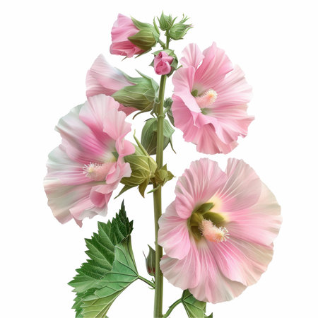 Pink hollyhock flowers isolated on white background with clipping pathの写真素材