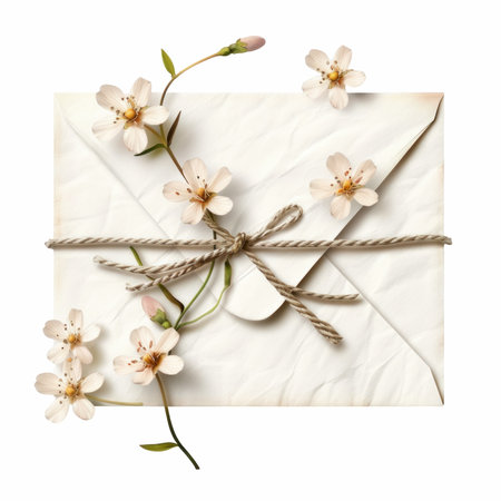 Envelope with spring flowers isolated on white background, top viewの写真素材