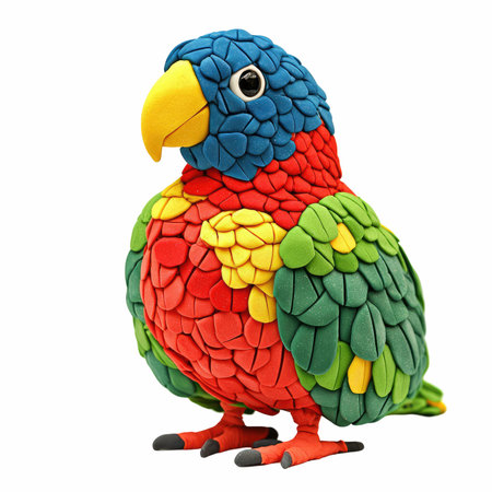 colorful parrot made of plasticine isolated on a white backgroundの写真素材