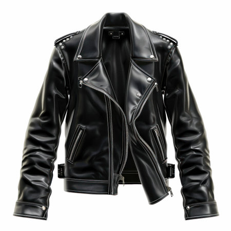 Black leather jacket isolated on white background. Clipping path included.の写真素材