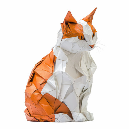 Origami paper cat isolated on white background. 3d rendering.の写真素材