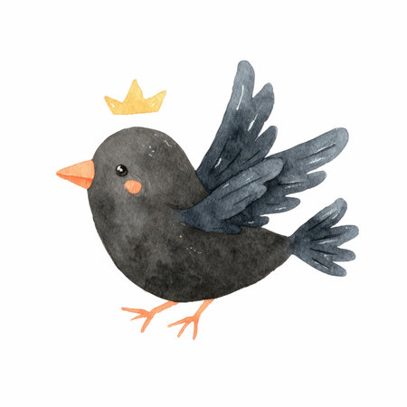 Explore this adorable watercolor illustration of a cute black bird wearing a golden crown, perfect for Halloween-themed projects and decor.の写真素材