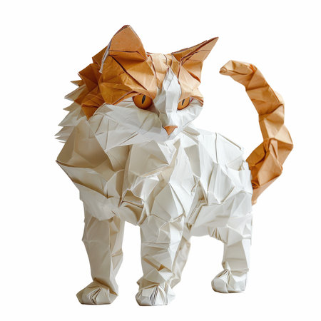 Paper origami cat isolated on white background. Clipping path included.の写真素材