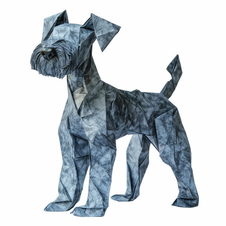3D digital render of a dog made of crumpled paper isolated on white backgroundの写真素材