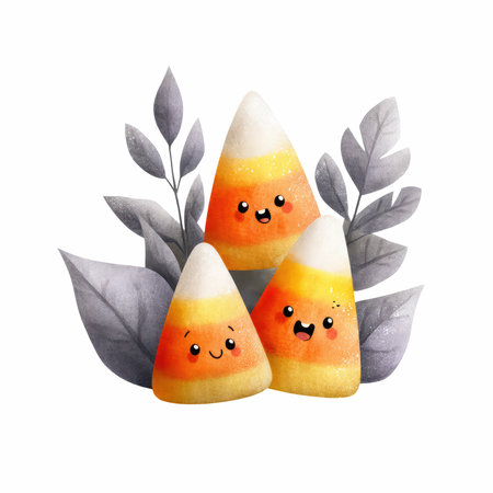 Whimsical illustration featuring cheerful candy corn characters surrounded by soft leaves, perfect...