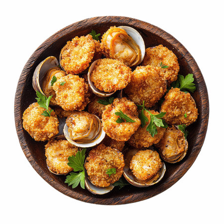 Fried clams with parsley in wooden bowl isolated on white backgroundの写真素材