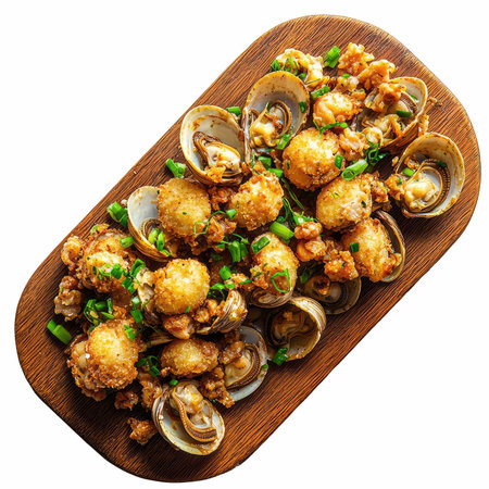 Clams fried with garlic and parsley on a wooden boardの写真素材