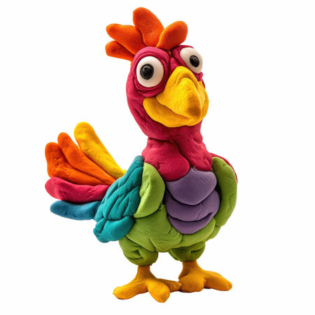 Colorful plasticine chicken isolated on white background. 3d illustration.の写真素材