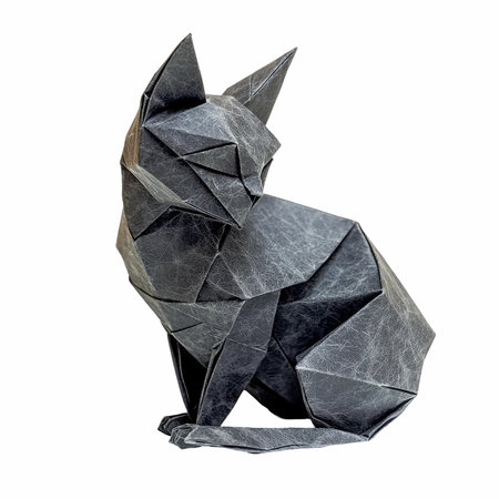 Black origami cat isolated on white background. 3d illustration.の写真素材