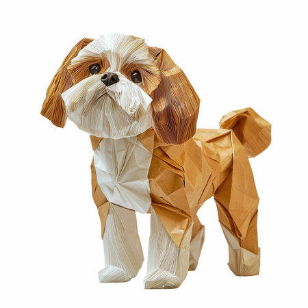 Shih tzu dog made of paper isolated on white backgroundの写真素材