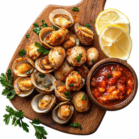 Baked clams with lemon, parsley and chili sauce on wooden cutting board isolated on white backgroundの写真素材