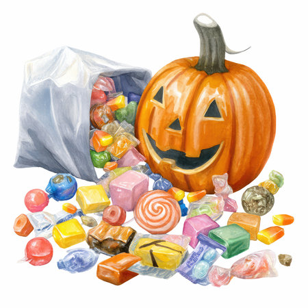 An enchanting watercolor illustration featuring a smiling pumpkin surrounded by a variety of colorful, delicious candies. Perfect for Halloween themed projects!の写真素材