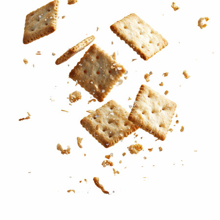 Crackers falling into the air, isolated on white background. Top view.の写真素材