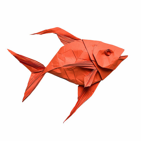 Origami red paper fish isolated on white background. 3d illustrationの写真素材