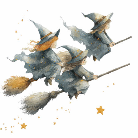 Delight in this charming watercolor illustration depicting tiny witches flying on brooms against a backdrop of stars, perfect for Halloween themes.の写真素材