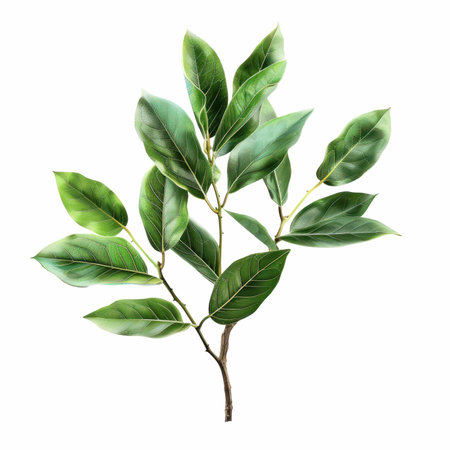 Ficus tree branch with green leaves isolated on white background with clipping pathの写真素材