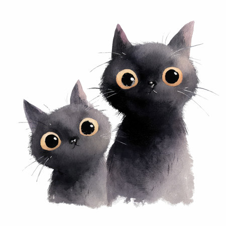 This charming watercolor illustration captures the essence of two adorable black cats with big eyes, embodying playfulness and sweetness in a minimalist style.の写真素材