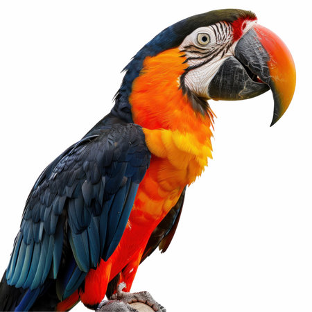 Colorful macaw parrot isolated on white background, close up
