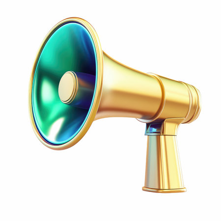 A vibrant golden megaphone showcasing colorful reflections and a shiny surface, perfect for representing communication, announcements, and engaging events.の写真素材