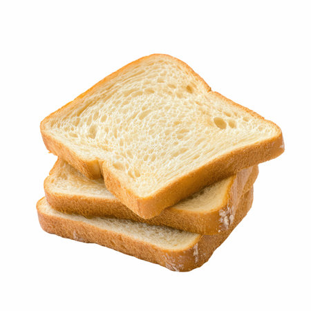 This image showcases freshly sliced white bread stacked on a clean background, highlighting its...