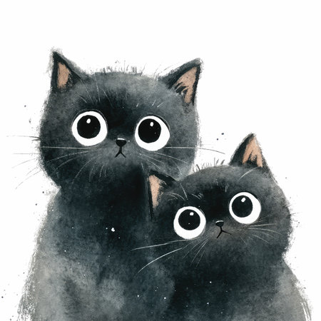 This adorable watercolor illustration features two playful black kittens with big eyes, showcasing their charming personalities in a delightful art piece.の写真素材