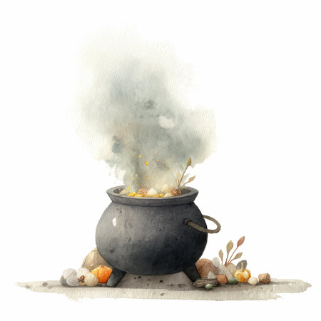 Discover a charming watercolor illustration of a cauldron surrounded by pumpkins and smoke, perfect for Halloween-themed projects and decorations.の写真素材