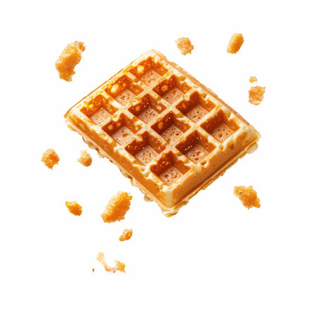 Piece of tasty waffles with sugar on white background, top viewの写真素材
