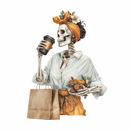 A vibrant illustration of a stylish female skeleton holding a coffee cup and a bag, capturing a joyful and trendy lifestyle.の写真素材