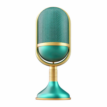 Captivating vintage microphone with a unique teal and gold color scheme. Ideal for music, audio projects, and artistic presentations. Perfectly designed for modern creative needs.の写真素材