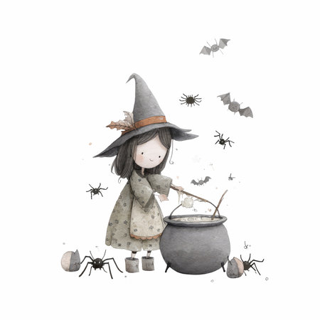 A charming illustration of a witch stirring a cauldron in a mystical forest. Perfect for themes of magic, fantasy, and seasonal charm.の写真素材