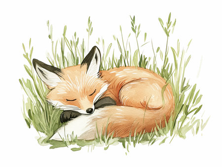Watercolor illustration of a cute red fox sleeping in the grass.の写真素材