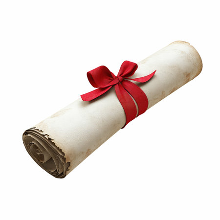 Old rolled paper scroll with red ribbon bow isolated on white background.