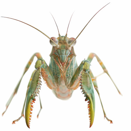 close up of praying mantis isolated on white background with clipping path
