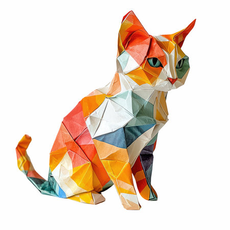 Colorful origami cat isolated on white background with clipping path.の写真素材
