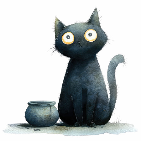 This whimsical illustration features an adorable black cat with big sparkling eyes sitting next to a pot. The charming character brings a playful and joyful atmosphere, perfect for any cat lover&#39;s collection.の写真素材