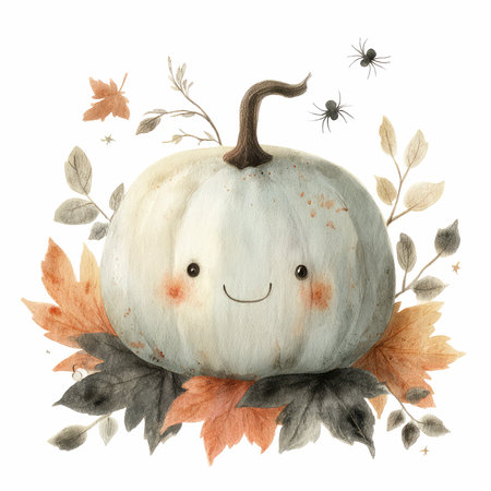 This whimsical watercolor illustration features a charming smiling pumpkin surrounded by warm autumn leaves, capturing the essence of fall. Perfect for festive decor.の写真素材