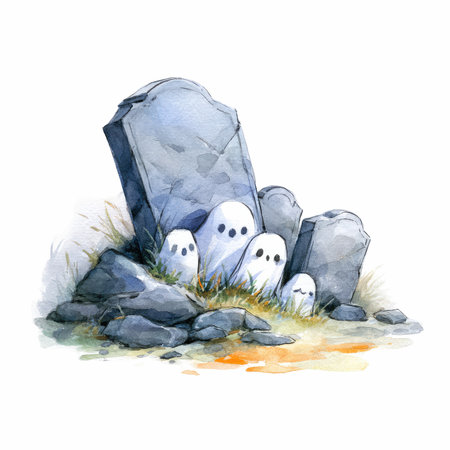 This adorable watercolor illustration features whimsical tombstones accompanied by cute ghost characters in a playful Halloween theme. Perfect for seasonal dÃ©cor.の写真素材