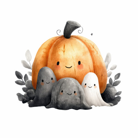 This charming watercolor illustration features cute ghosts and a smiling pumpkin, creating a whimsical and festive autumn scene perfect for seasonal decorations.の写真素材