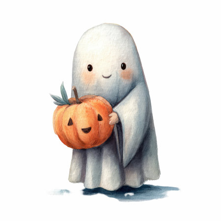 Adorable watercolor illustration of a cute ghost holding a smiling pumpkin, perfect for Halloween-themed decorations and children&#39;s art.の写真素材