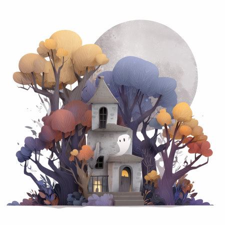 Discover a whimsical haunted house nestled among vibrant autumn trees, complete with a playful smiling ghost under a full moon. Perfect for spooky themes!の写真素材